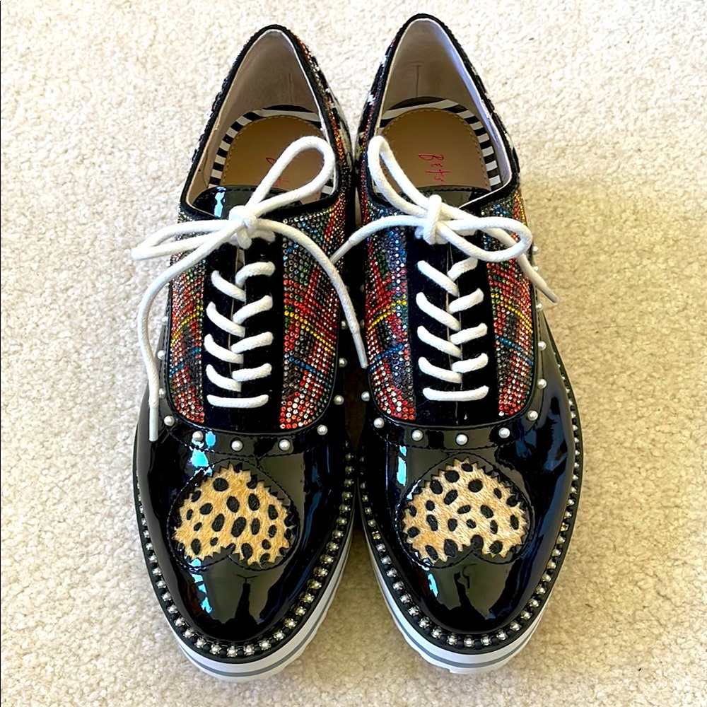 Betsey Johnson Marti Black Multi Chunky Platform Creeper Lace Jeweled Shoe 8 NIB